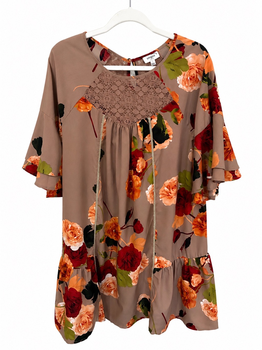 Umgee Floral Tunic Dress Crochet Lace Yoke Bell Sleeve Boho Size Large